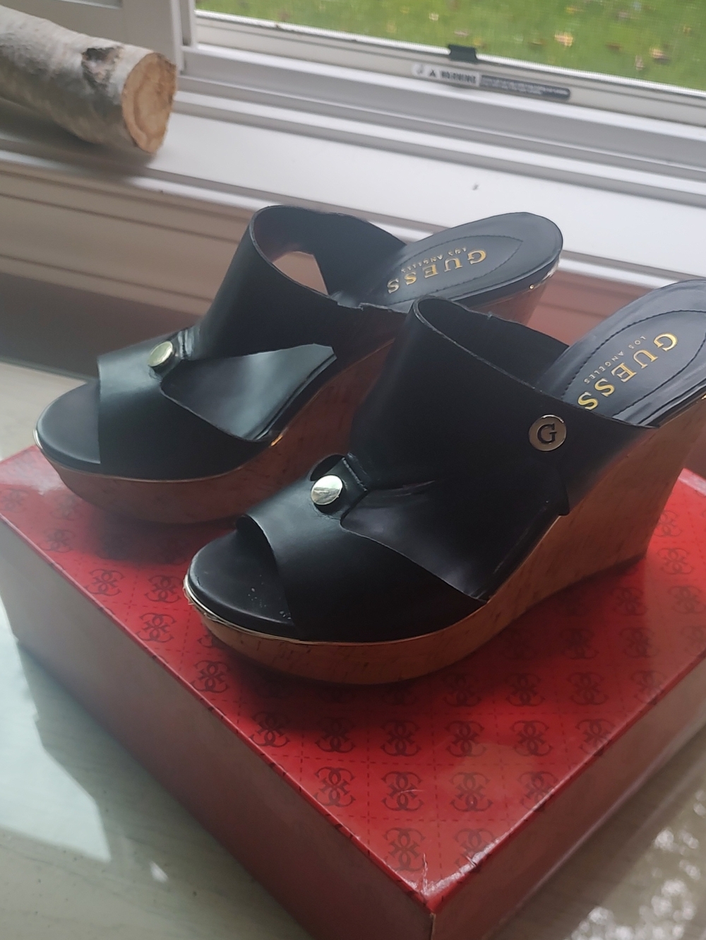 Guess Black Leather Cork Wedge Sandals